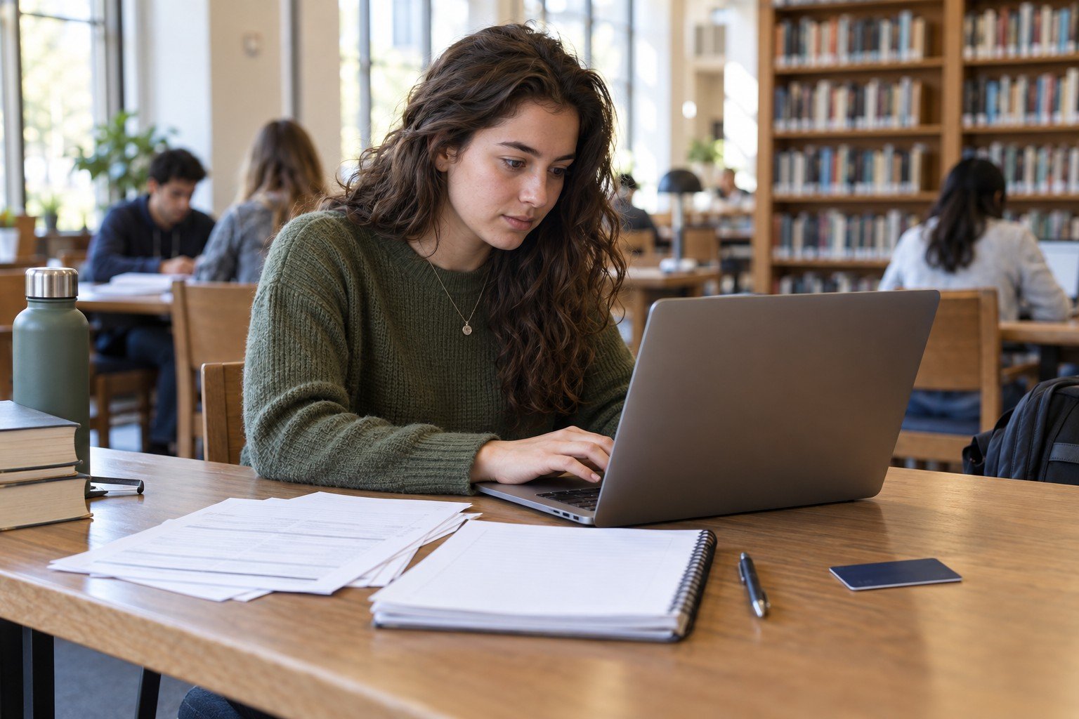 Studentkinja u biblioteci priprema prijavu za stipendiju na laptopu