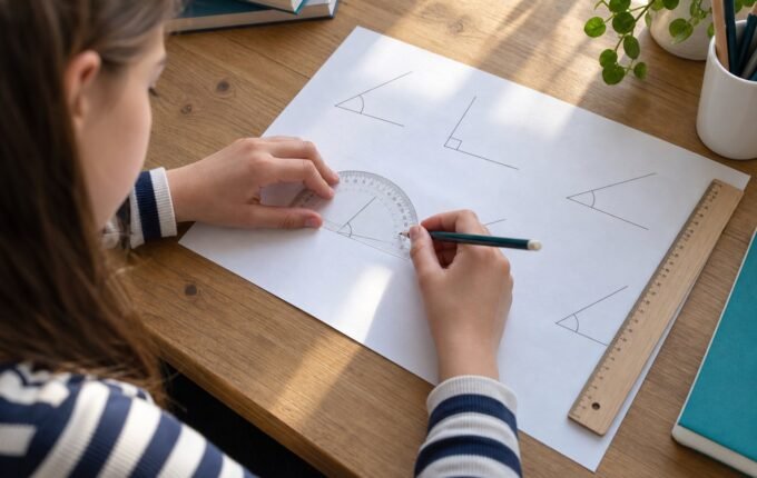 Učenica petog razreda meri ugao uglomerom tokom vežbanja matematike