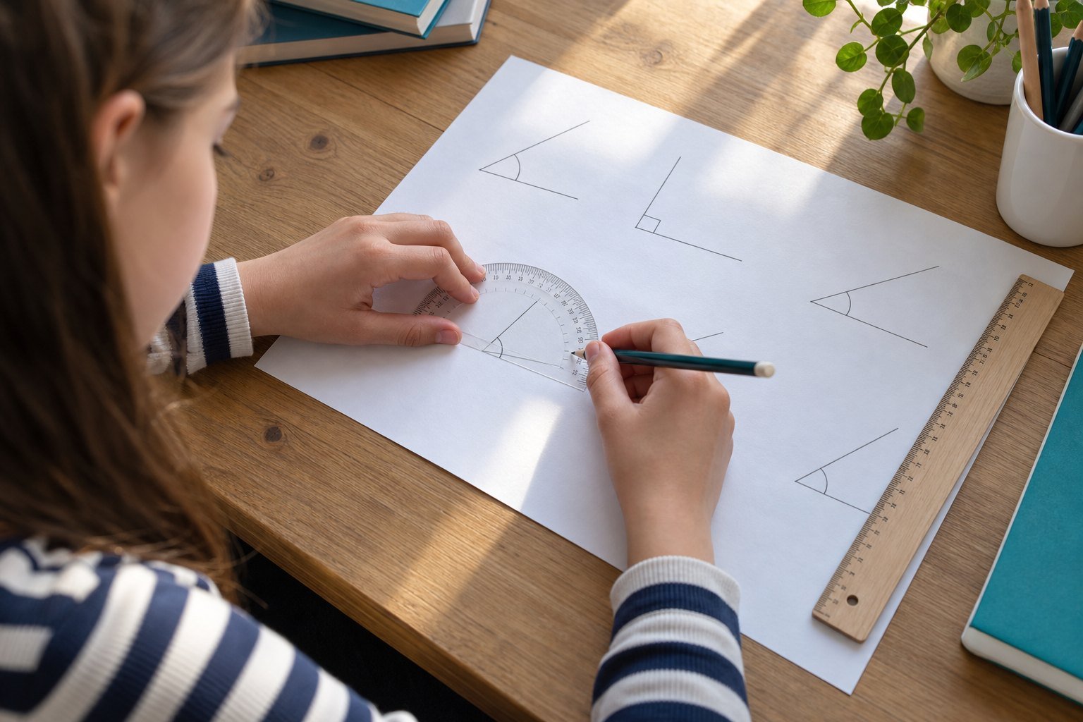 Učenica petog razreda meri ugao uglomerom tokom vežbanja matematike