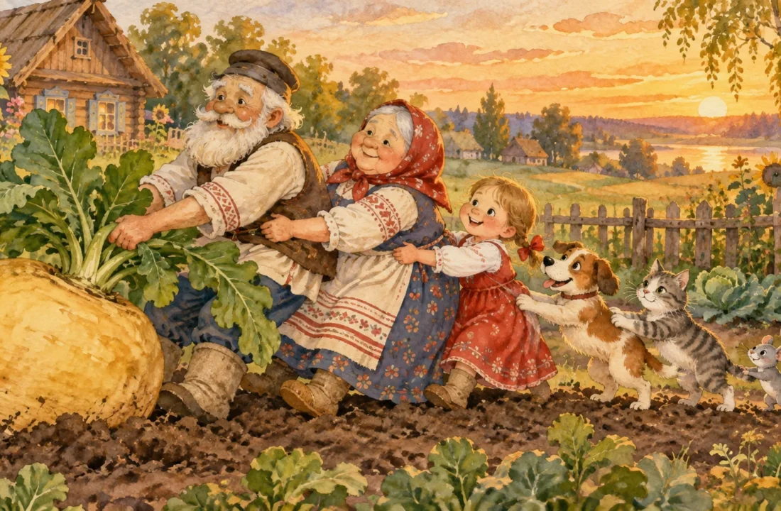 Deda, baka, unuka, pas, mačka i miš zajedno vuku veliku repu iz bašte