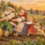 Deda, baka, unuka, pas, mačka i miš zajedno vuku veliku repu iz bašte