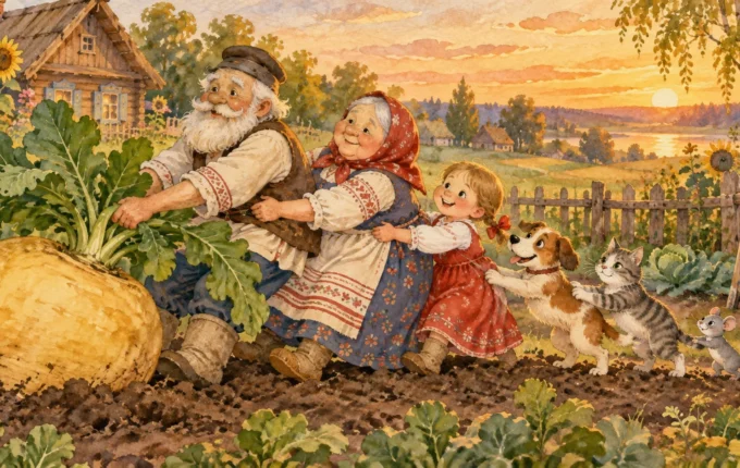 Deda, baka, unuka, pas, mačka i miš zajedno vuku veliku repu iz bašte