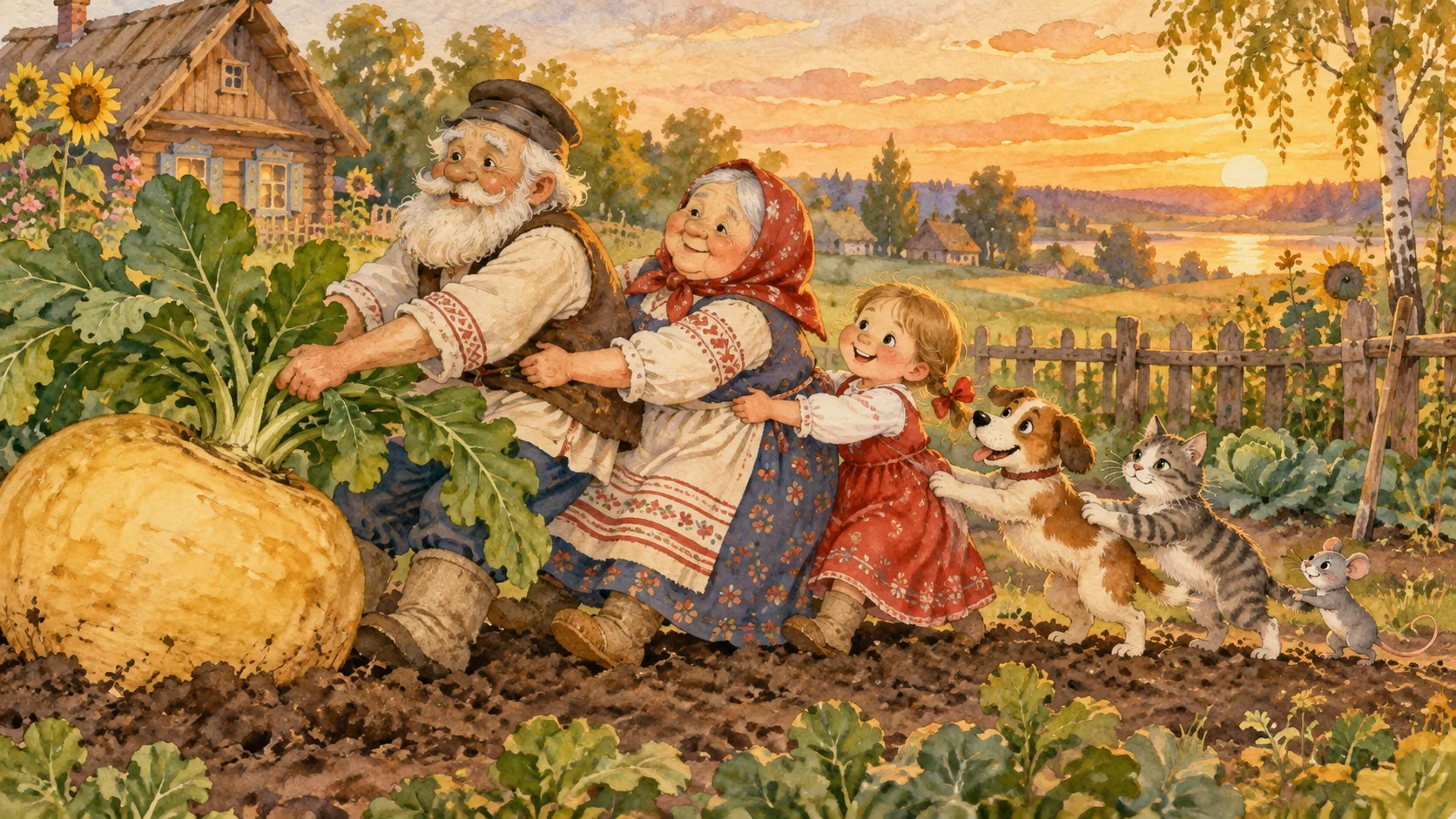 Deda, baka, unuka, pas, mačka i miš zajedno vuku veliku repu iz bašte