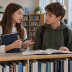 Dvoje učenika razgovara o knjizi u školskoj biblioteci
