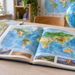 Atlas, globus i kompas na stolu za igru Zanimljiva geografija