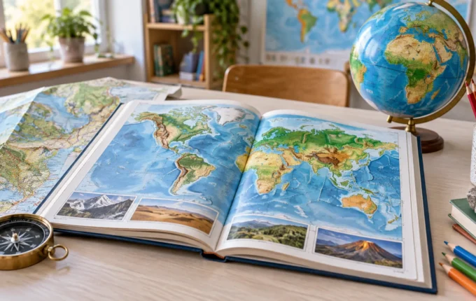 Atlas, globus i kompas na stolu za igru Zanimljiva geografija