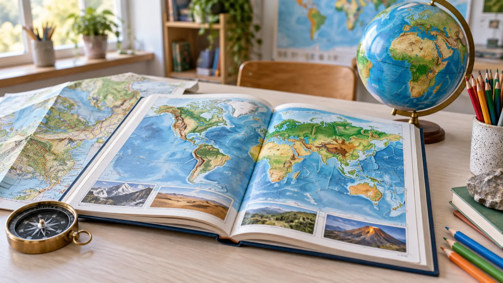 Atlas, globus i kompas na stolu za igru Zanimljiva geografija