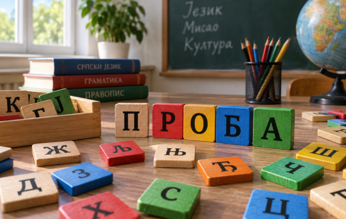 Ćirilična slova na drvenim pločicama za građenje reči