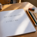 Sveska iz matematike sa zapisima 360 − (120 + 40) = 200 i x + 135 = 400 na školskom stolu.