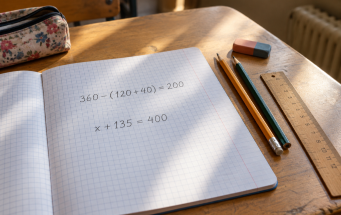 Sveska iz matematike sa zapisima 360 − (120 + 40) = 200 i x + 135 = 400 na školskom stolu.