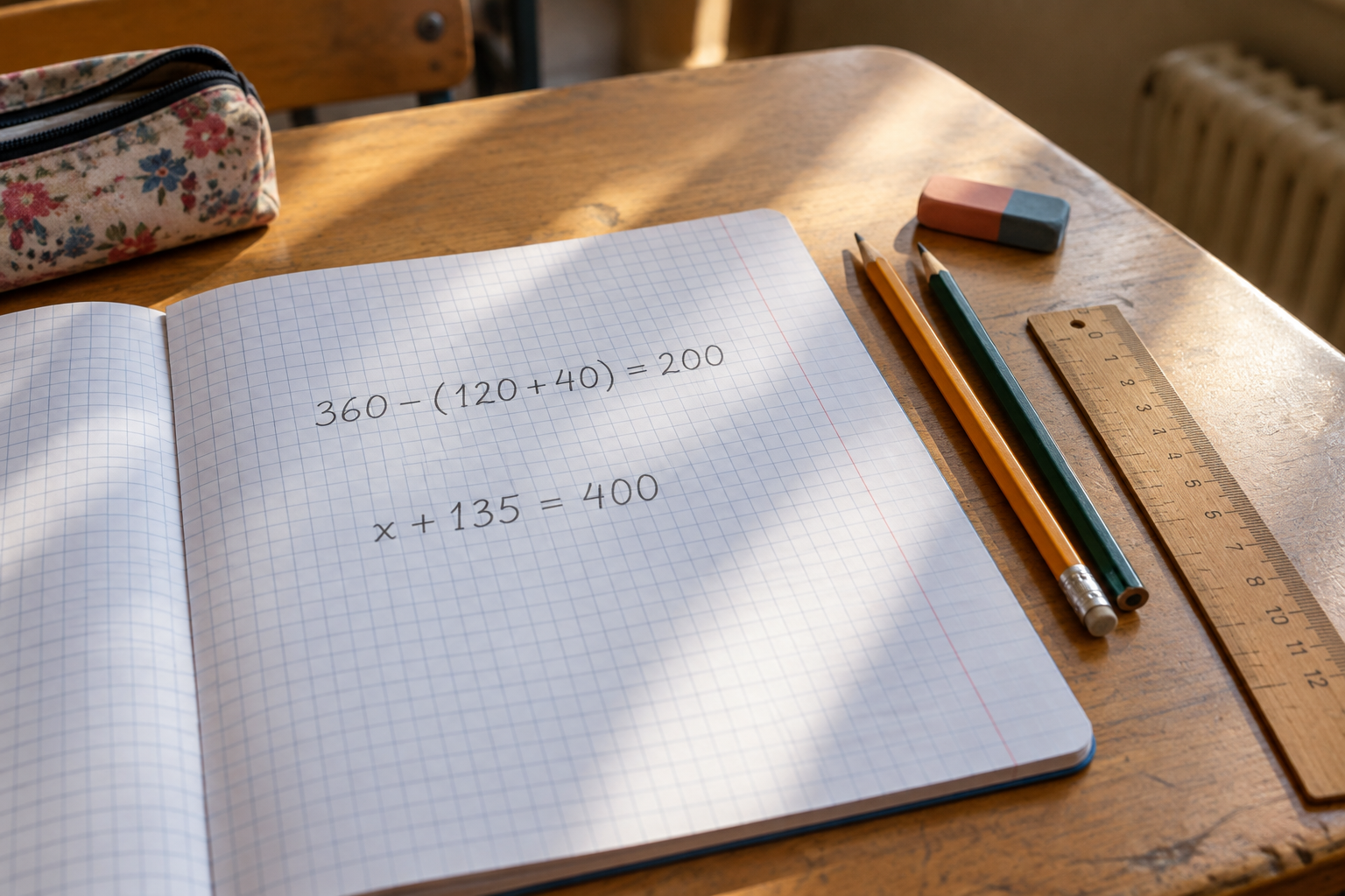 Sveska iz matematike sa zapisima 360 − (120 + 40) = 200 i x + 135 = 400 na školskom stolu.