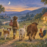 Džek, mačka, pas, koza, vo i petao idu ka osvetljenoj kući pod večernjim nebom – akvarelna ilustracija