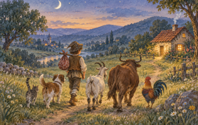 Džek, mačka, pas, koza, vo i petao idu ka osvetljenoj kući pod večernjim nebom – akvarelna ilustracija
