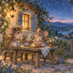 Dva miša pred seoskom kućicom za večernjom trpezom, akvarelna ilustracija