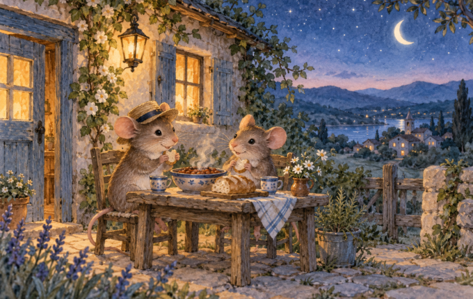 Dva miša pred seoskom kućicom za večernjom trpezom, akvarelna ilustracija