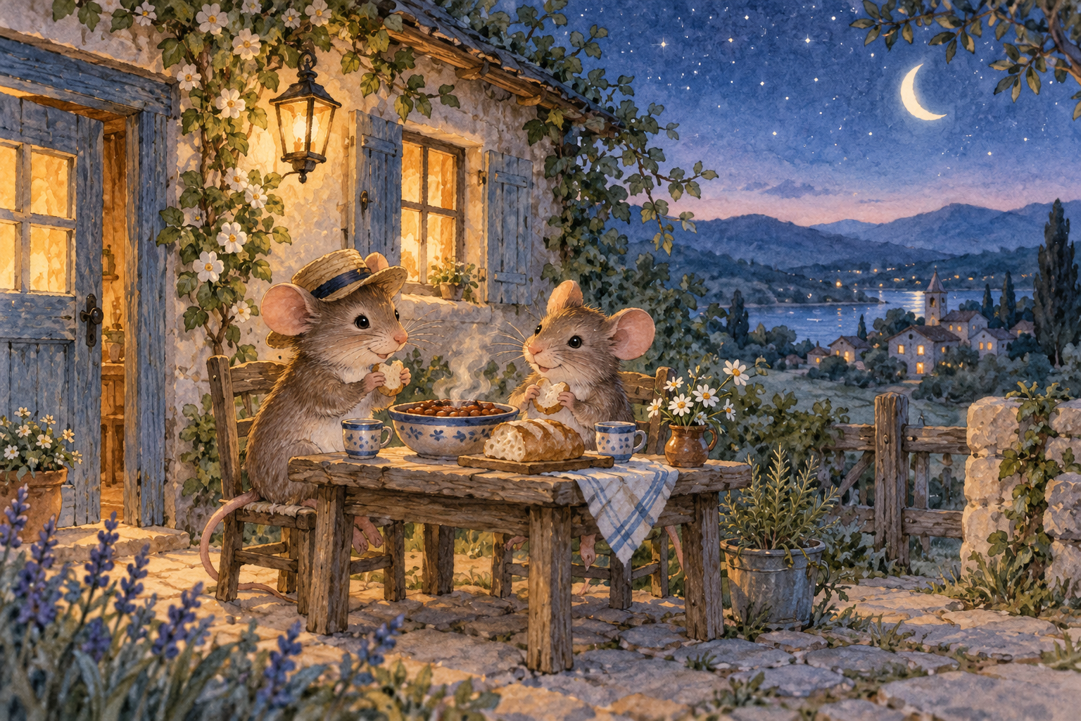 Dva miša pred seoskom kućicom za večernjom trpezom, akvarelna ilustracija