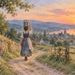 Devojka nosi vedro mleka seoskim putem u suton, akvarelna ilustracija
