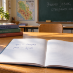 Sveska sa ćiriličnim primerima imenica „град — Београд” i „река — Дунав” na školskom stolu.