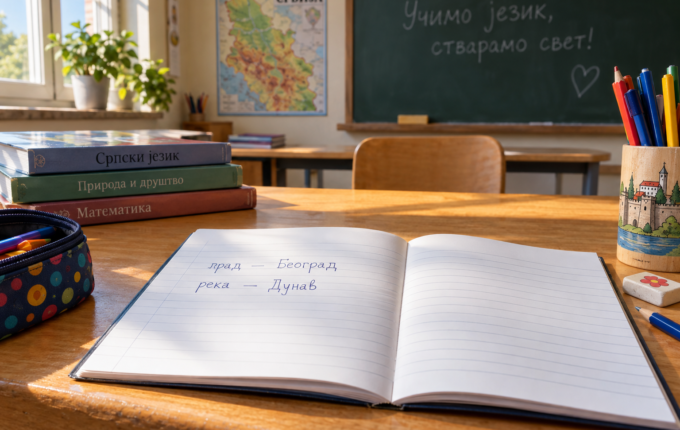 Sveska sa ćiriličnim primerima imenica „град — Београд” i „река — Дунав” na školskom stolu.