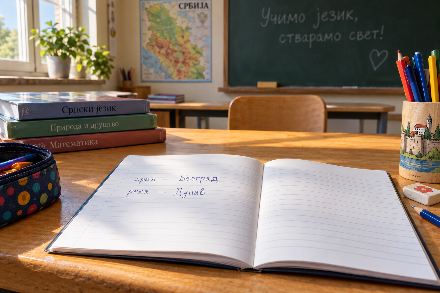 Sveska sa ćiriličnim primerima imenica „град — Београд” i „река — Дунав” na školskom stolu.