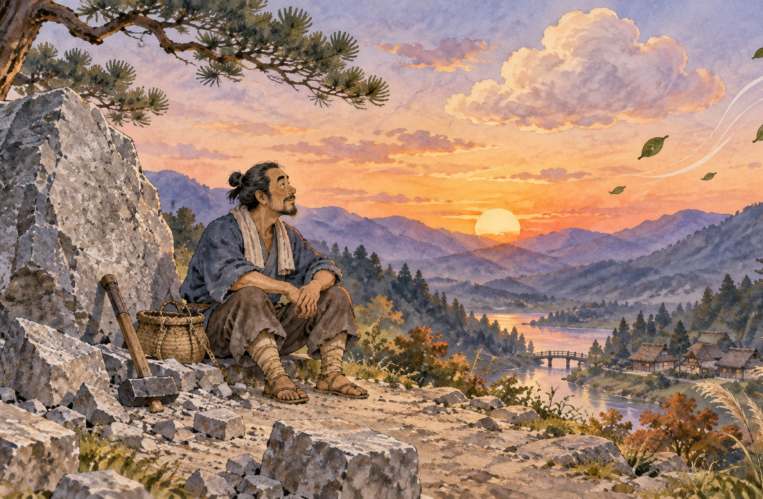 Kamenorezac sedi kraj velike stene u mirnom planinskom predelu pred zalazak sunca – akvarelna ilustracija