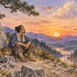 Kamenorezac sedi kraj velike stene u mirnom planinskom predelu pred zalazak sunca – akvarelna ilustracija