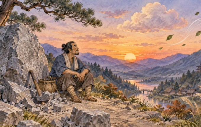 Kamenorezac sedi kraj velike stene u mirnom planinskom predelu pred zalazak sunca – akvarelna ilustracija