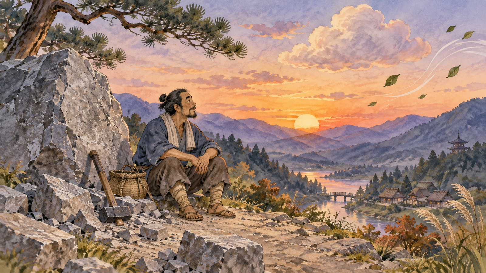 Kamenorezac sedi kraj velike stene u mirnom planinskom predelu pred zalazak sunca – akvarelna ilustracija
