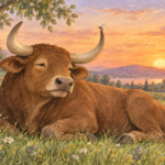Miran bik leži na livadi dok mali komarac stoji na vrhu njegovog roga.