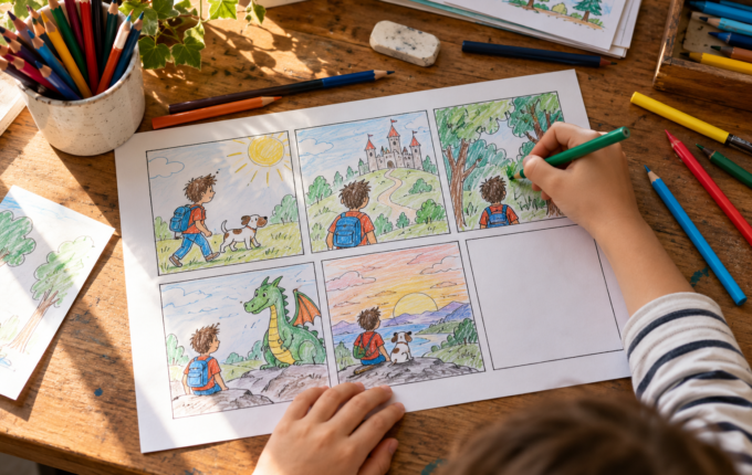 Dečje ruke crtaju originalni strip u kadrovima za likovni konkurs