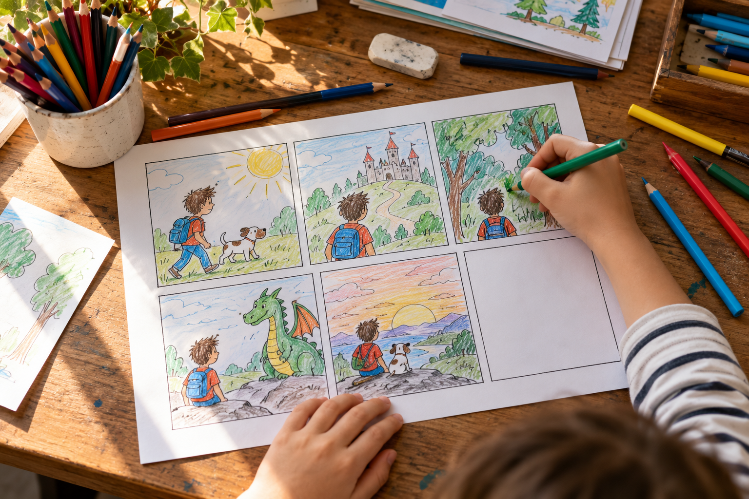 Dečje ruke crtaju originalni strip u kadrovima za likovni konkurs