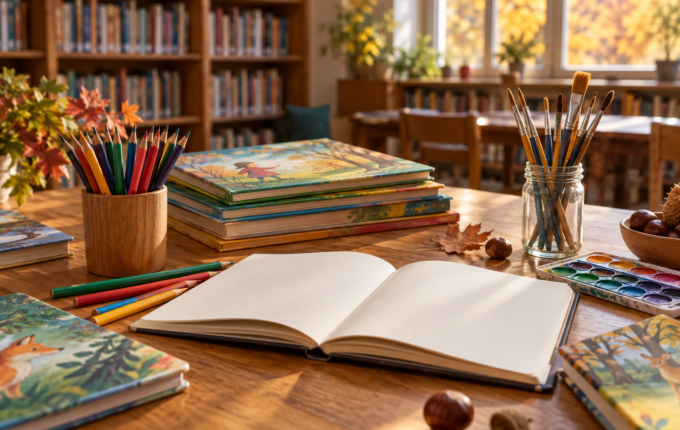 Otvorena sveska, dečje knjige, bojice i četkice na stolu u biblioteci