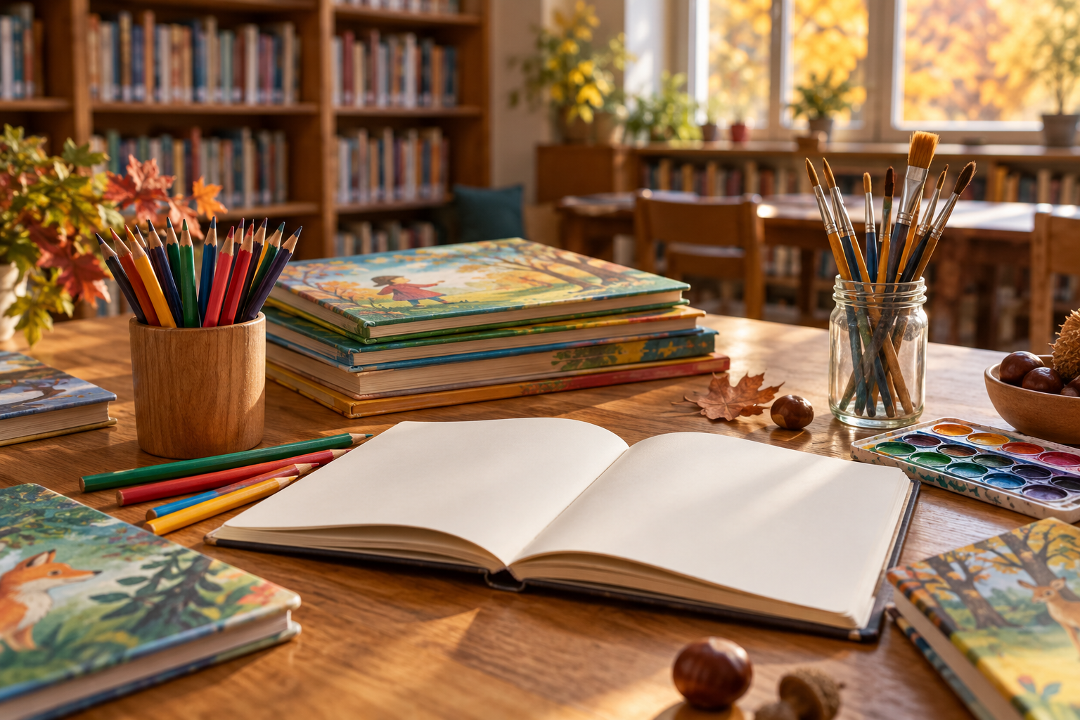 Otvorena sveska, dečje knjige, bojice i četkice na stolu u biblioteci
