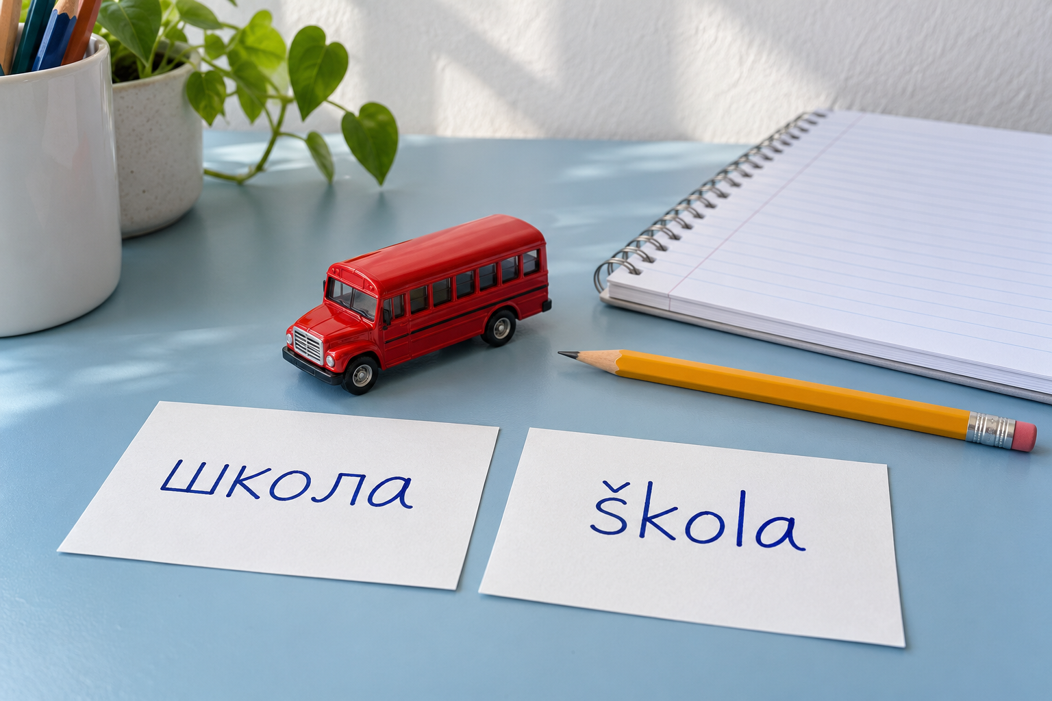 Kartice sa ćiriličnim zapisom школа i latiničnim škola uz svesku, olovku i crveni autobus igračku.