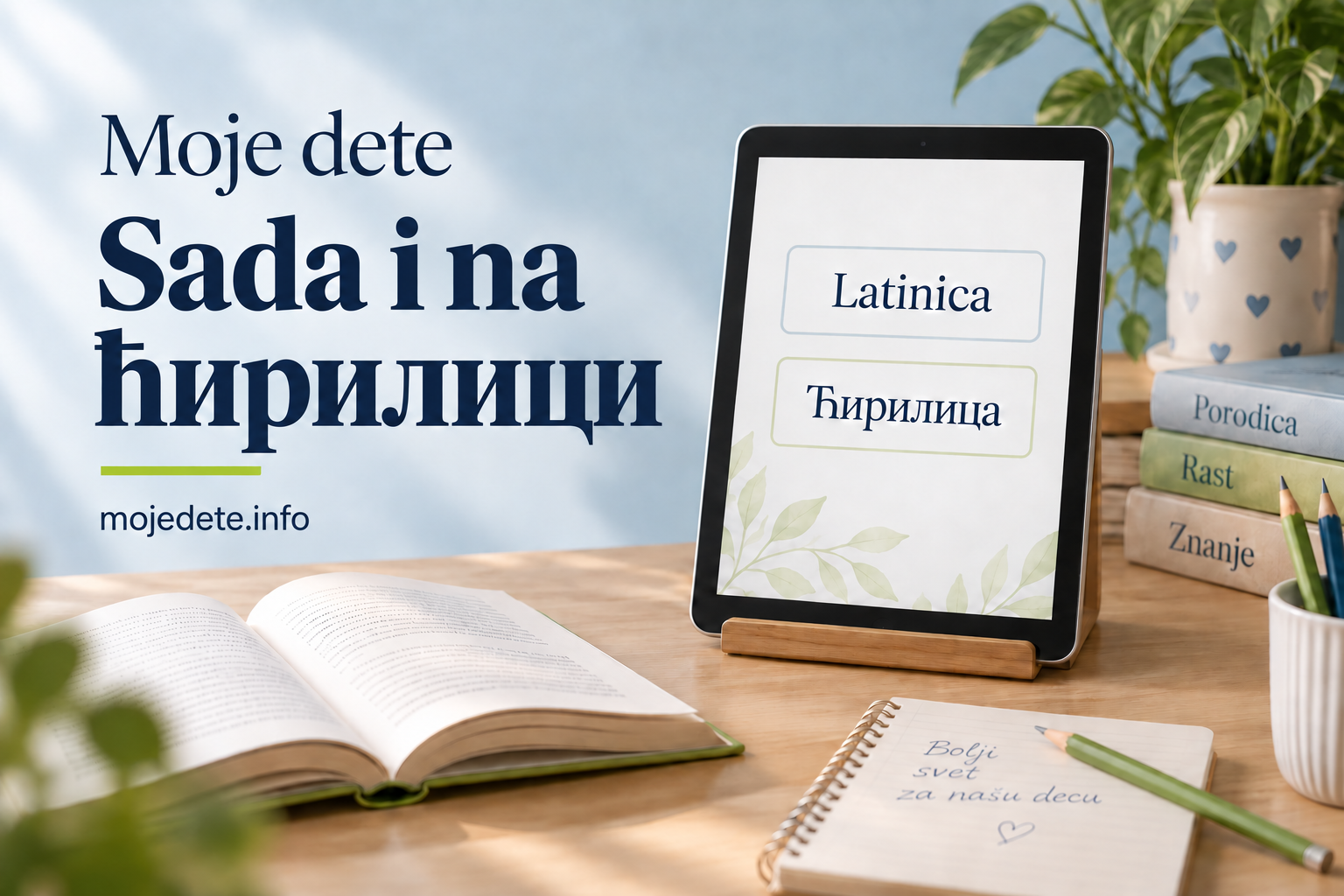 Otvorena knjiga i tablet sa izborom latinice i ćirilice uz poruku „Moje dete — Sada i na ћирилици“.