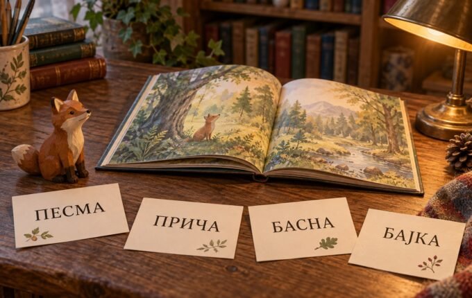 Knjiga i ćirilične kartice za pesmu, priču, basnu i bajku