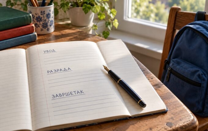 Sveska sa ćiriličnim naslovima uvod, razrada i završetak