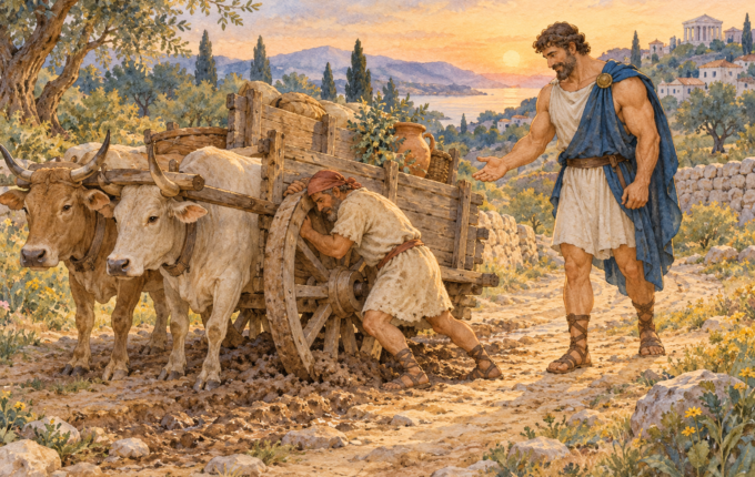 Kočijaš ramenom gura točak zaprežnih kola, a Herkul ga mirno ohrabruje pored dva vola, akvarel.