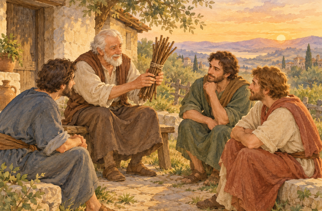 Otac pokazuje sinovima snop tankih prutova ispred seoske kuće, blaga akvarelna ilustracija.