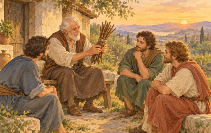 Otac pokazuje sinovima snop tankih prutova ispred seoske kuće, blaga akvarelna ilustracija.