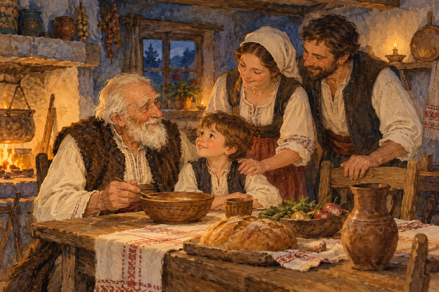 Deda i unuk sede za porodičnim stolom dok im se roditelji osmehuju