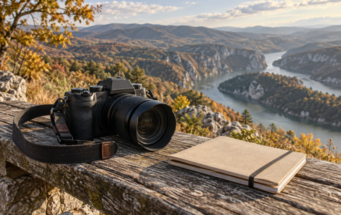 Fotoaparat i putni notes na vidikovcu iznad reke u jesen
